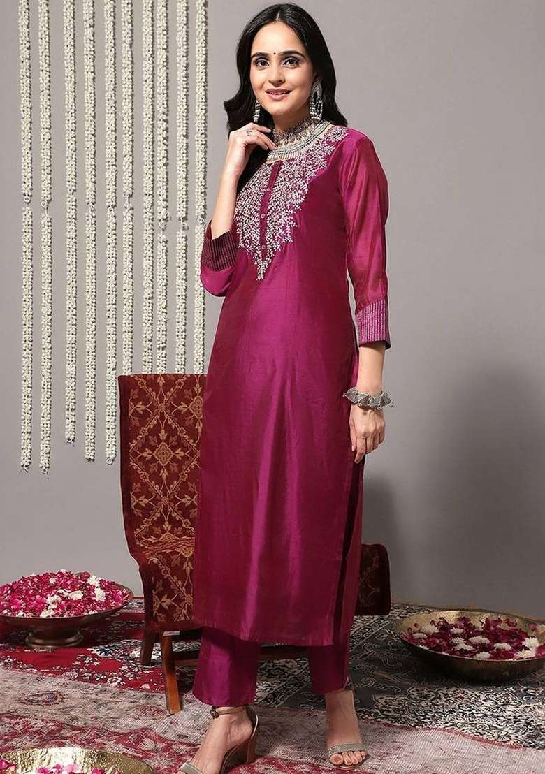 Magenta Embroidery Silk Kurta Set - Indya