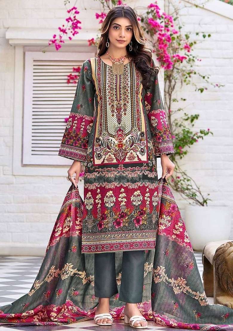 Grey Printed Cotton Kurta Set - Indya