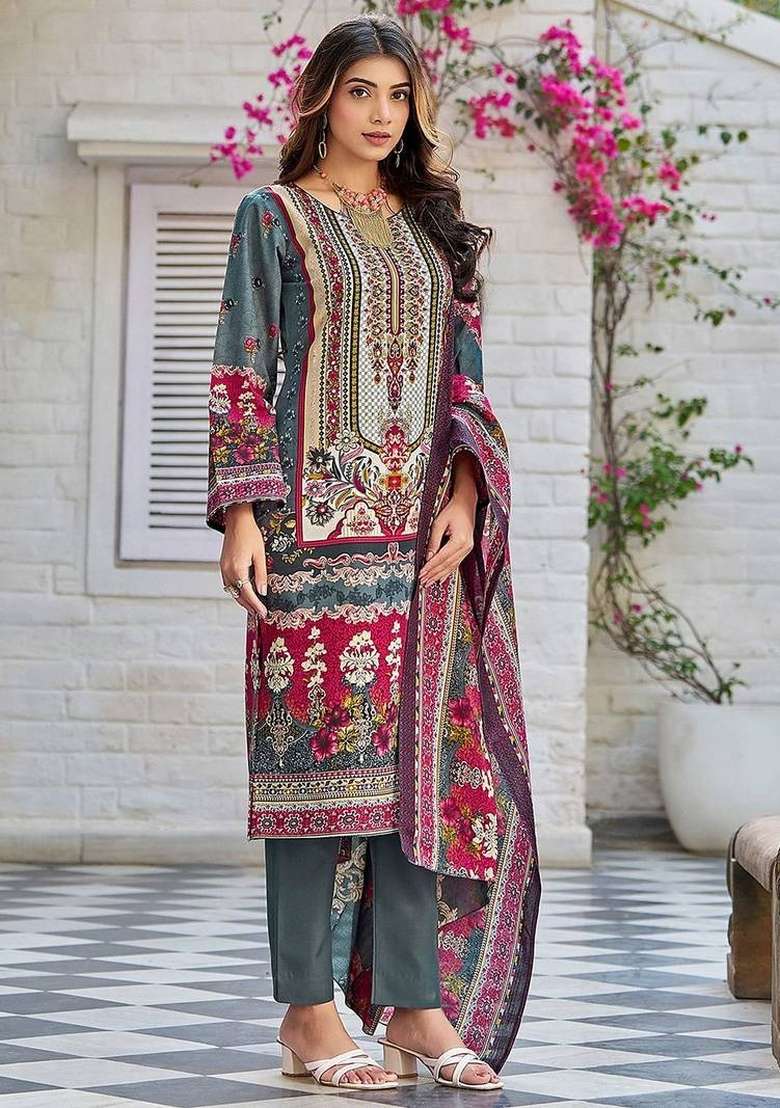 Grey Printed Cotton Kurta Set - Indya