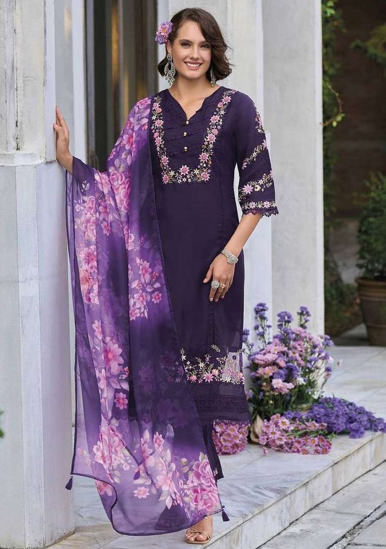 Purple Embroidery Cotton Kurta Set - Indya