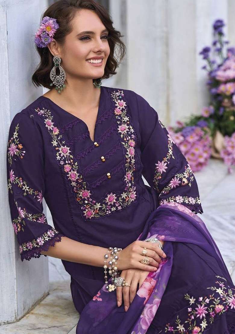 Purple Embroidery Cotton Kurta Set - Indya