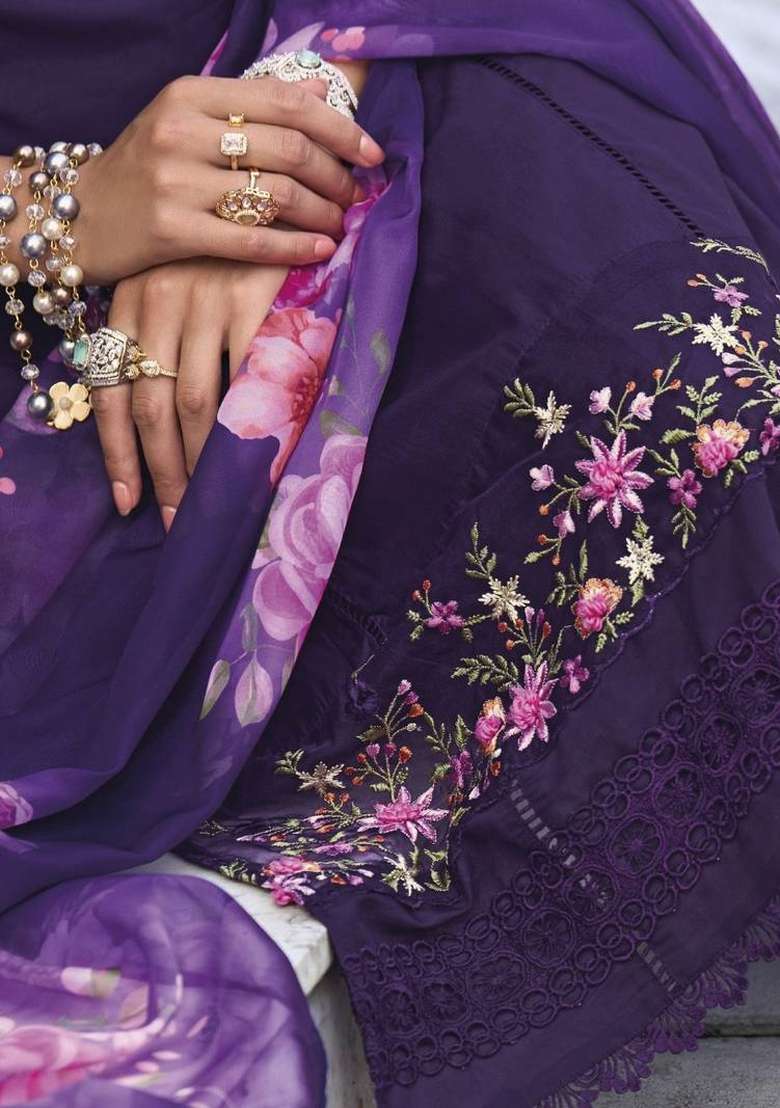 Purple Embroidery Cotton Kurta Set - Indya