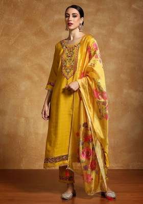 Yellow Embroidery Silk Kurta Set