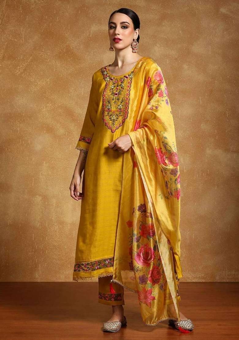 Yellow Embroidery Silk Kurta Set - Indya