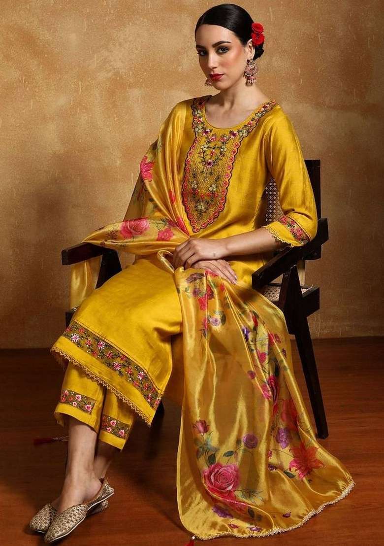 Yellow Embroidery Silk Kurta Set - Indya