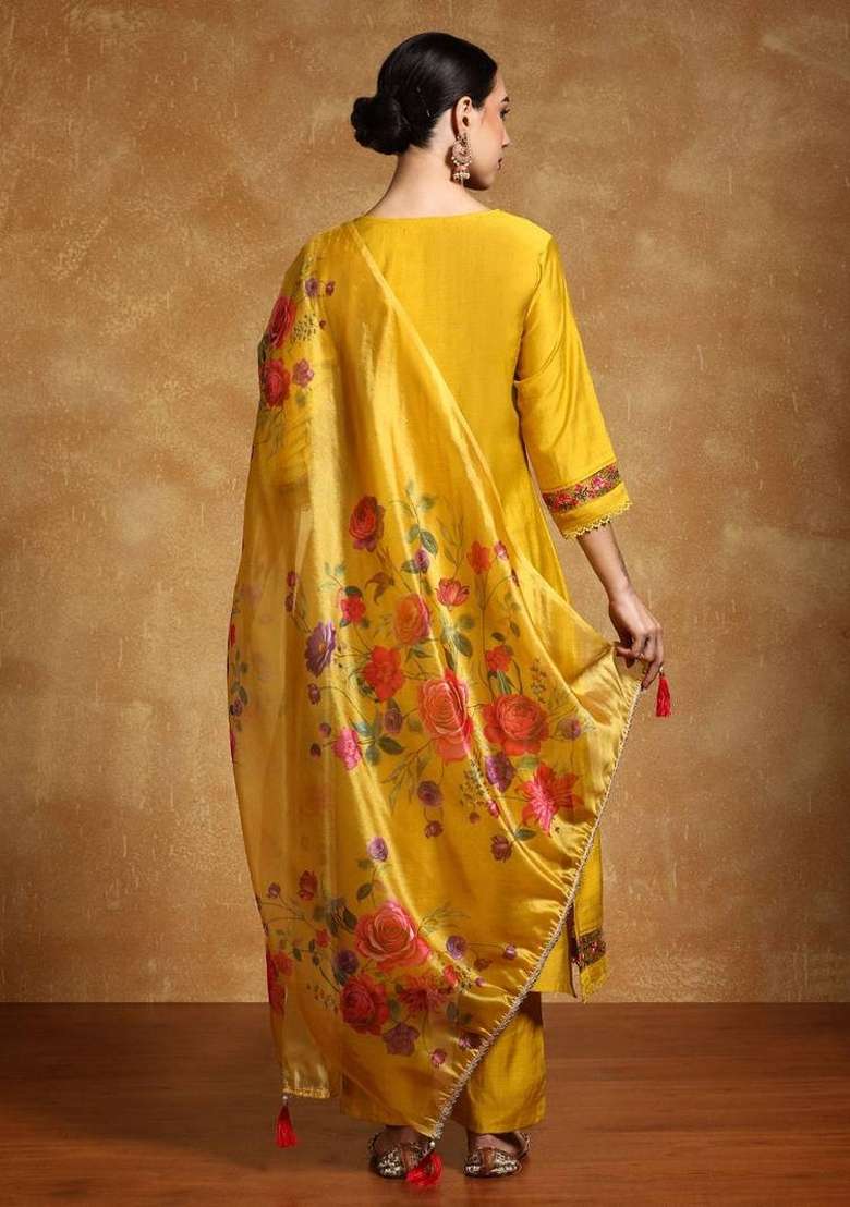 Yellow Embroidery Silk Kurta Set - Indya