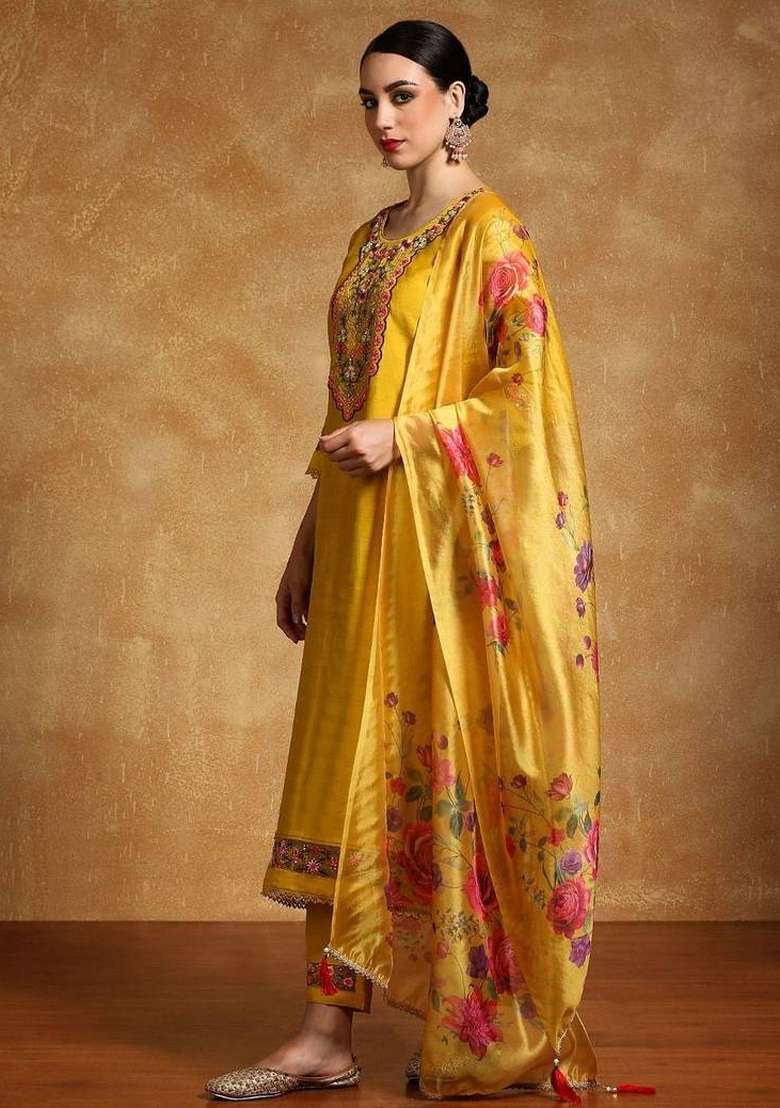 Yellow Embroidery Silk Kurta Set - Indya