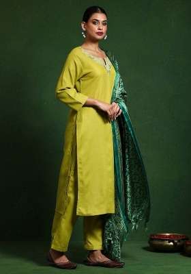 Lime Green Embroidery Cotton Kurta Set
