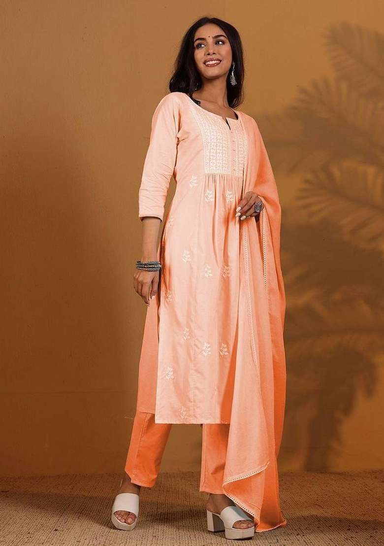 Peach Embroidery Cotton Kurta Set - Indya