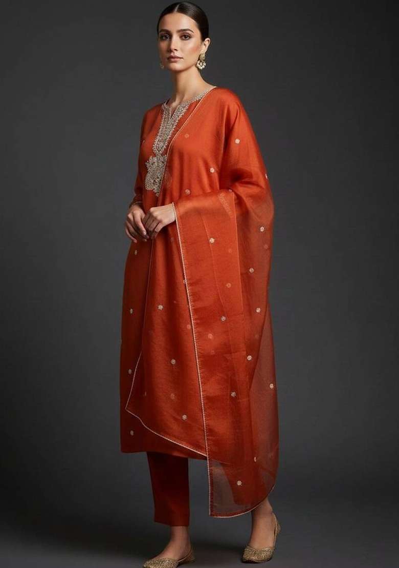 Mustard Embroidery Silk Kurta Set - Indya