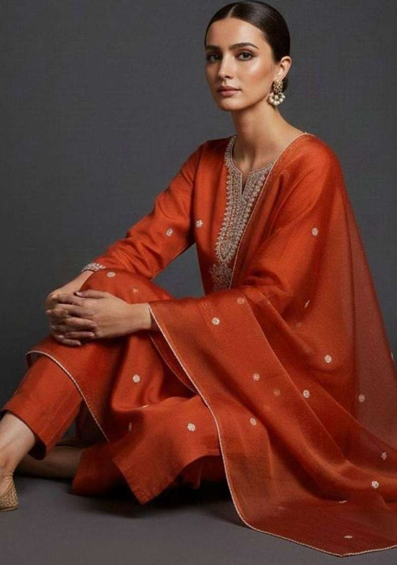 Mustard Embroidery Silk Kurta Set - Indya