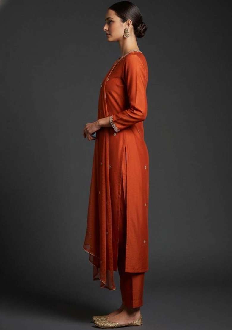 Mustard Embroidery Silk Kurta Set - Indya