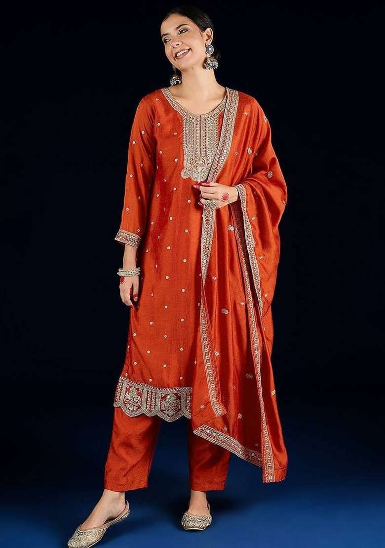 Mustard Embroidery Silk Kurta Set - Indya