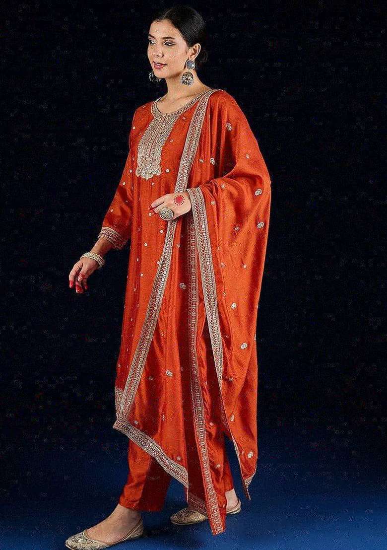Mustard Embroidery Silk Kurta Set - Indya