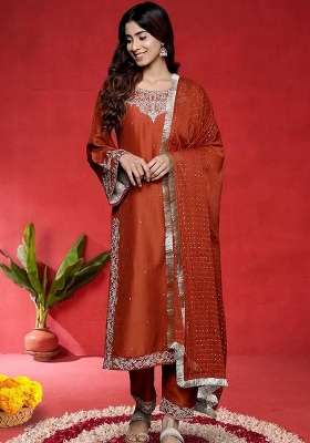 Mustard Embroidery Silk Kurta Set