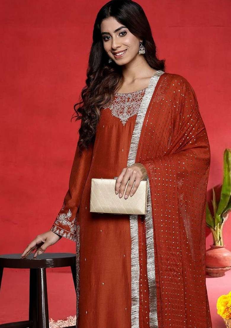 Mustard Embroidery Silk Kurta Set - Indya