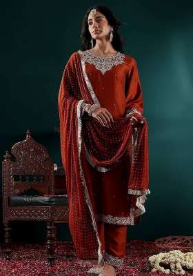 Mustard Embroidery Silk Kurta Set