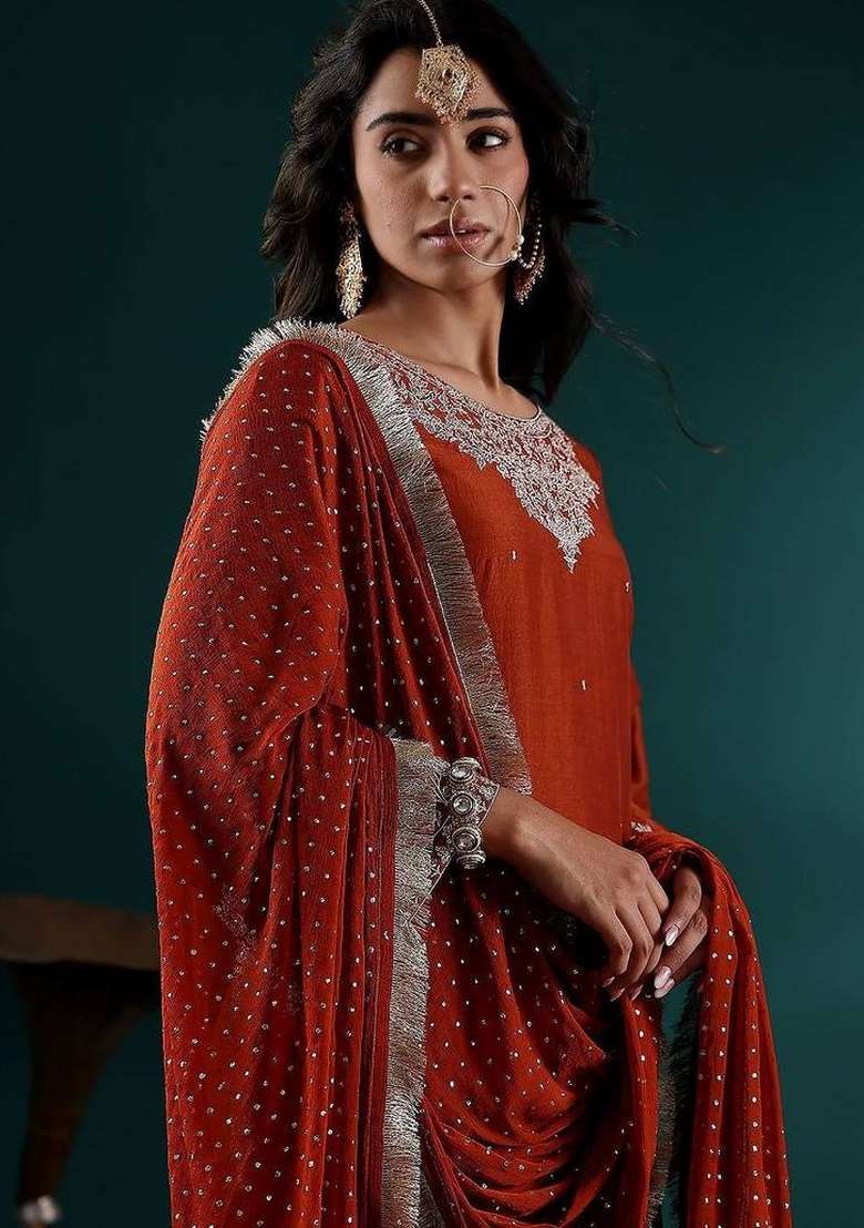 Mustard Embroidery Silk Kurta Set - Indya