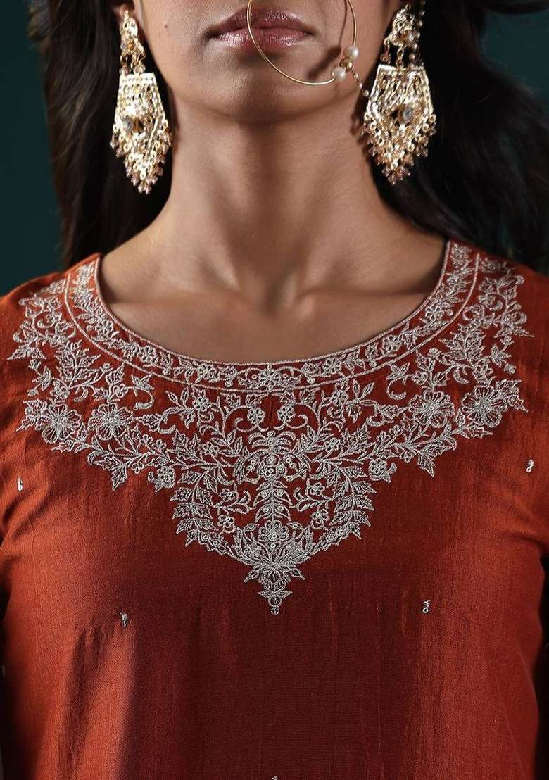 Mustard Embroidery Silk Kurta Set - Indya