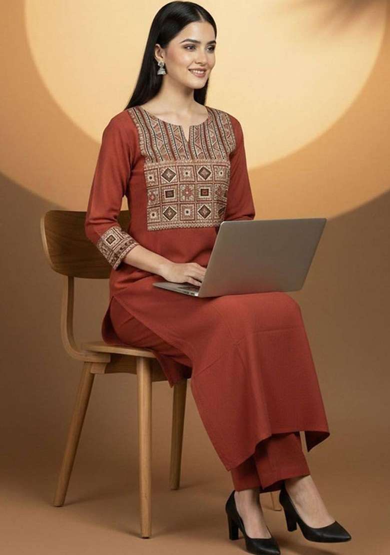 Mustard Embroidery Cotton Kurta Set - Indya