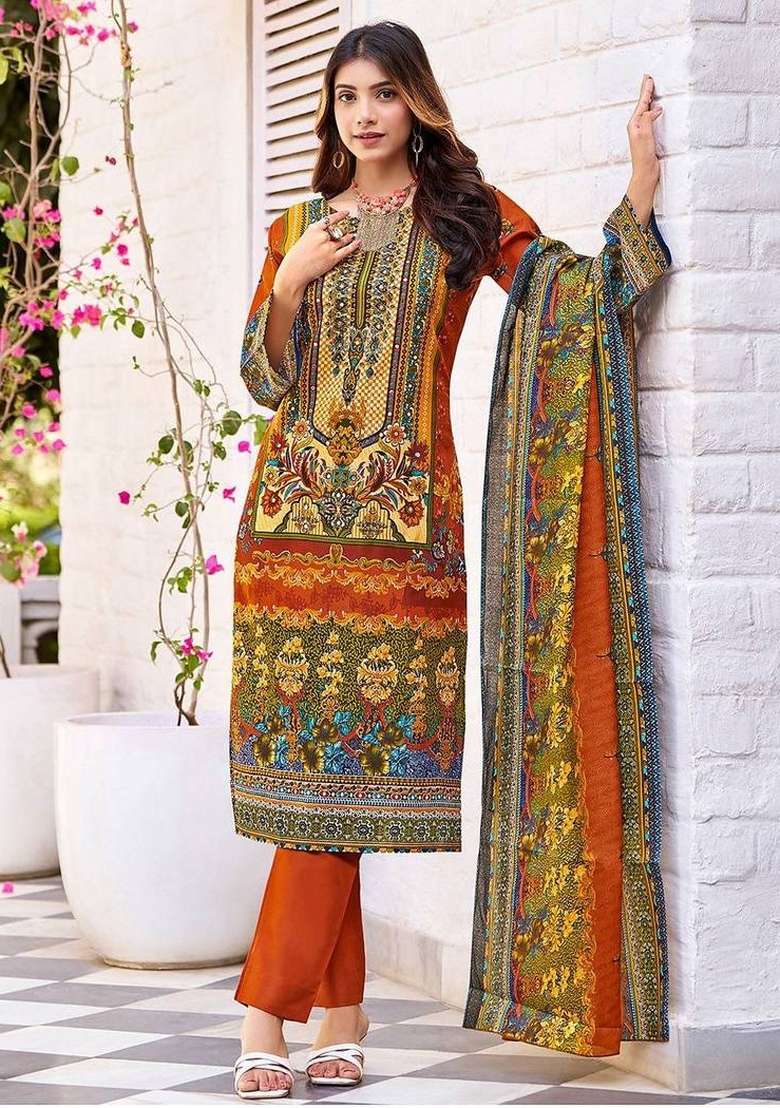 Mustard Printed Cotton Kurta Set - Indya