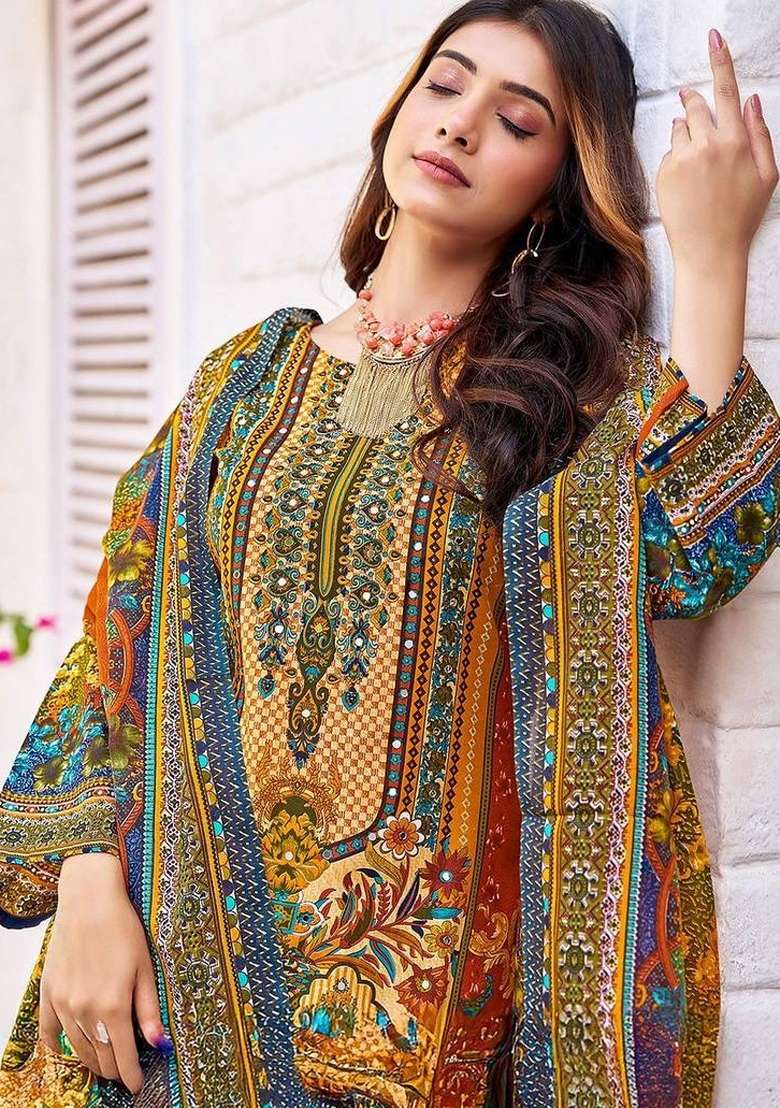 Mustard Printed Cotton Kurta Set - Indya