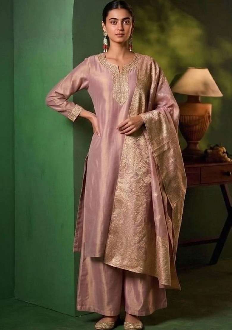 Peach Embroidery Silk Kurta Set - Indya
