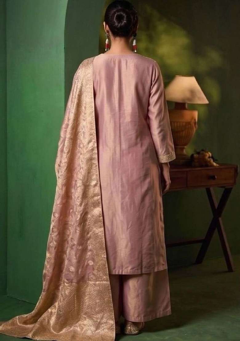 Peach Embroidery Silk Kurta Set - Indya
