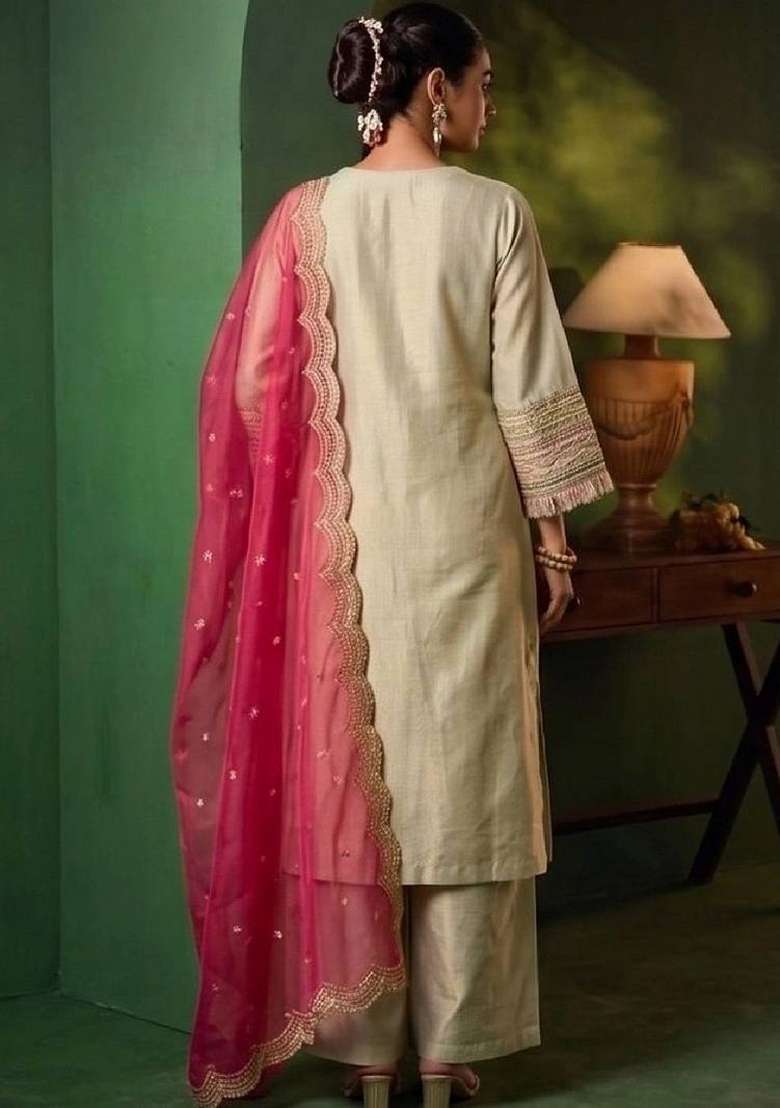 Sea Green Embroidery Silk Kurta Set - Indya