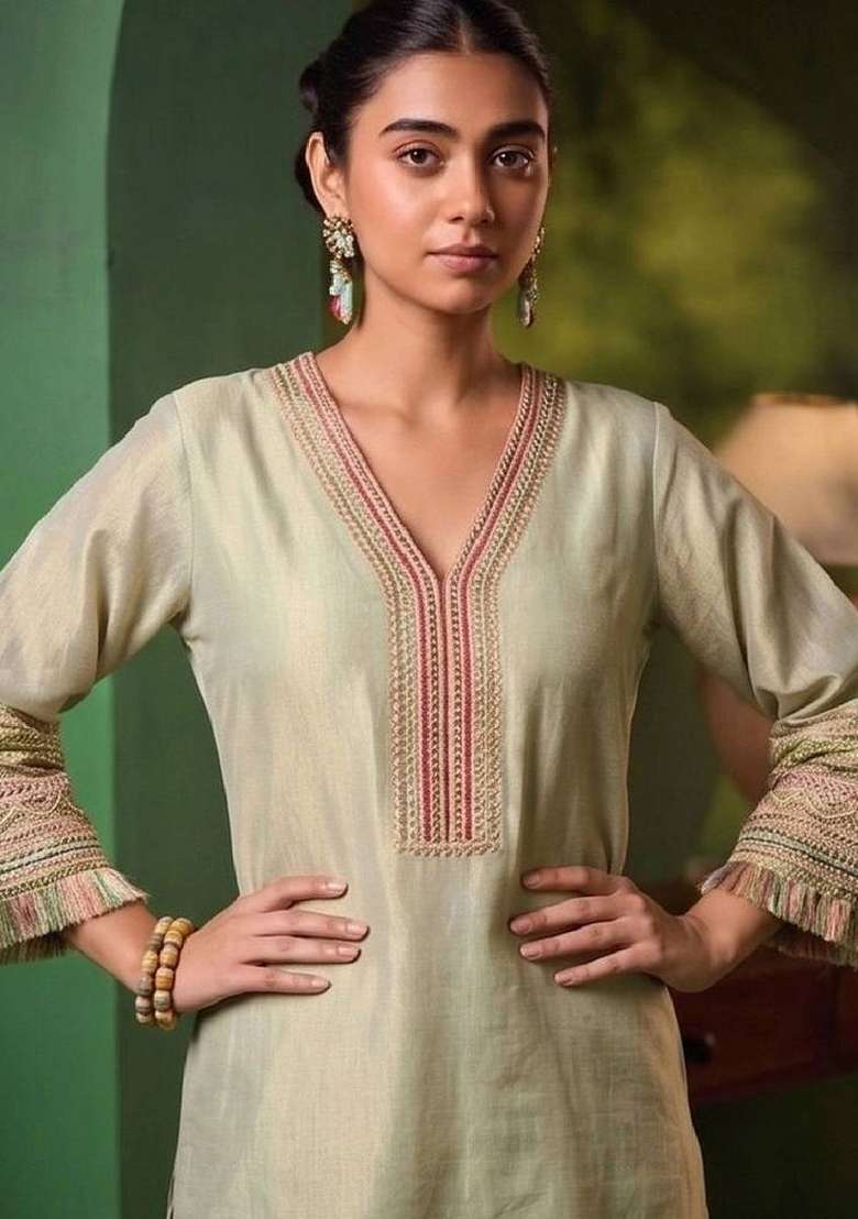 Sea Green Embroidery Silk Kurta Set - Indya
