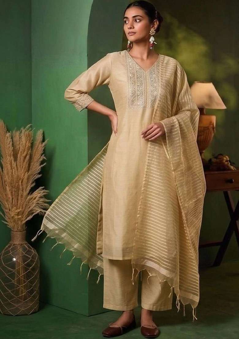 White Embroidery Silk Kurta Set - Indya
