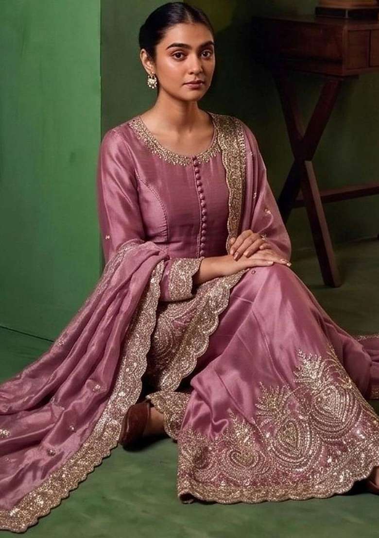 Pink Embroidery Silk Kurta Set - Indya