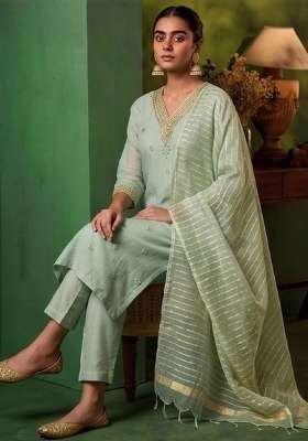 Sea Green Embroidery Silk Kurta Set
