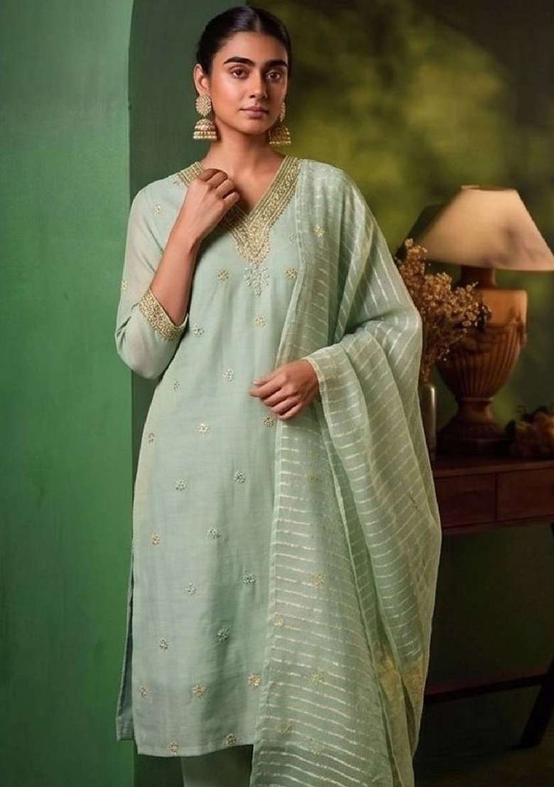 Sea Green Embroidery Silk Kurta Set - Indya