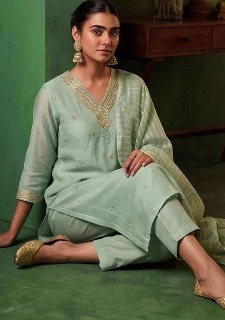 Sea Green Embroidery Silk Kurta Set - Indya