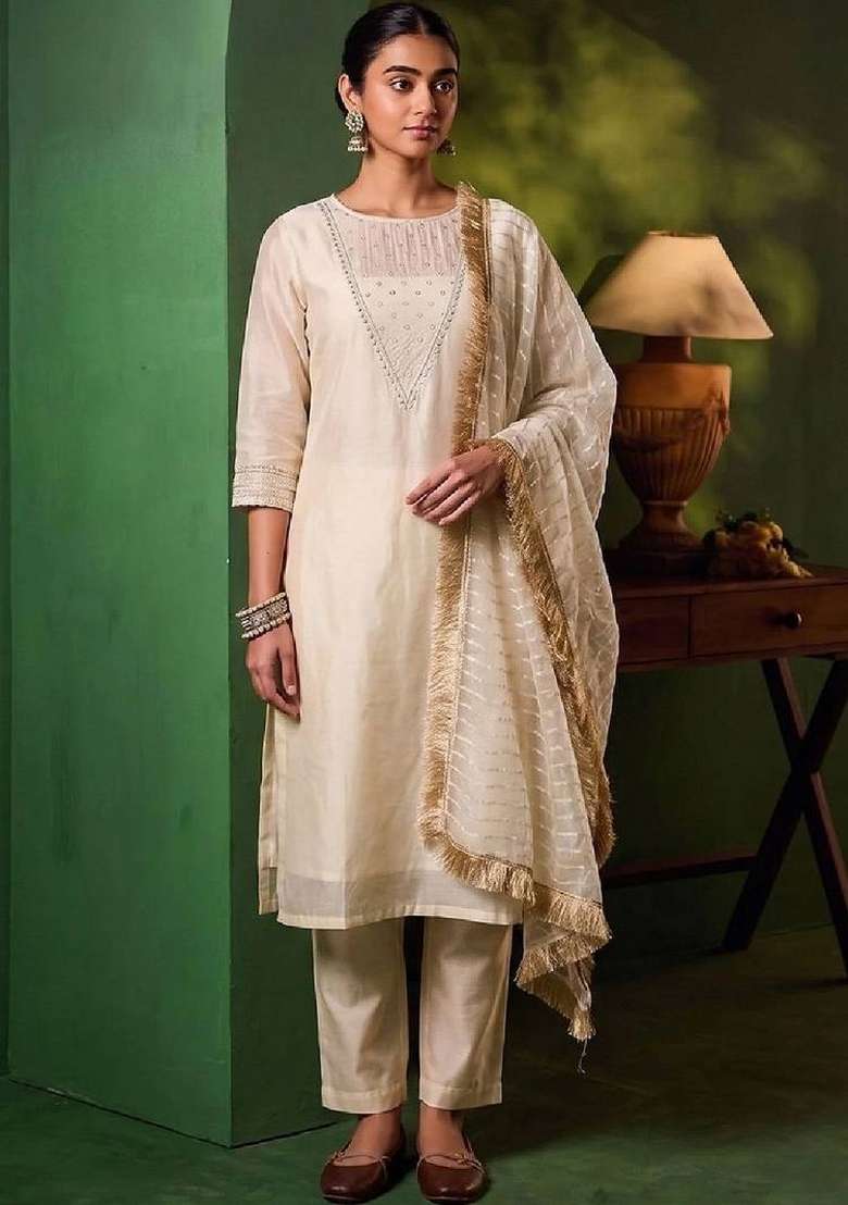 White Embroidery Silk Kurta Set - Indya