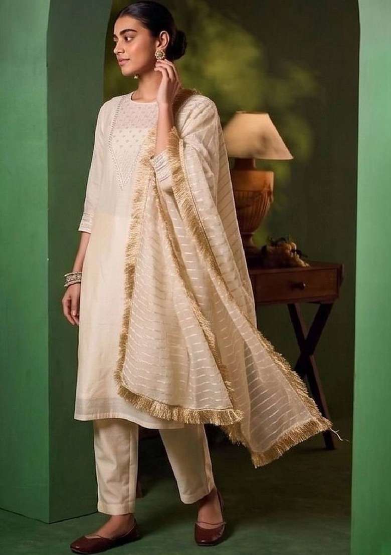 White Embroidery Silk Kurta Set - Indya