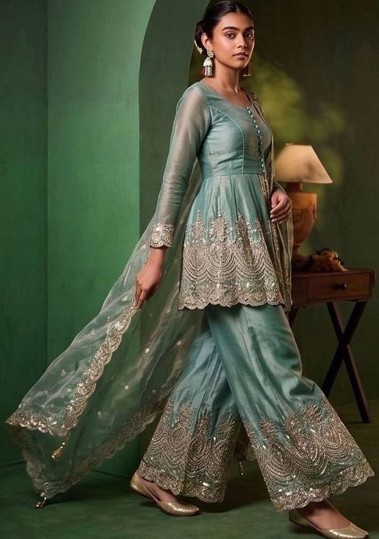 Blue Embroidery Silk Kurta Set - Indya