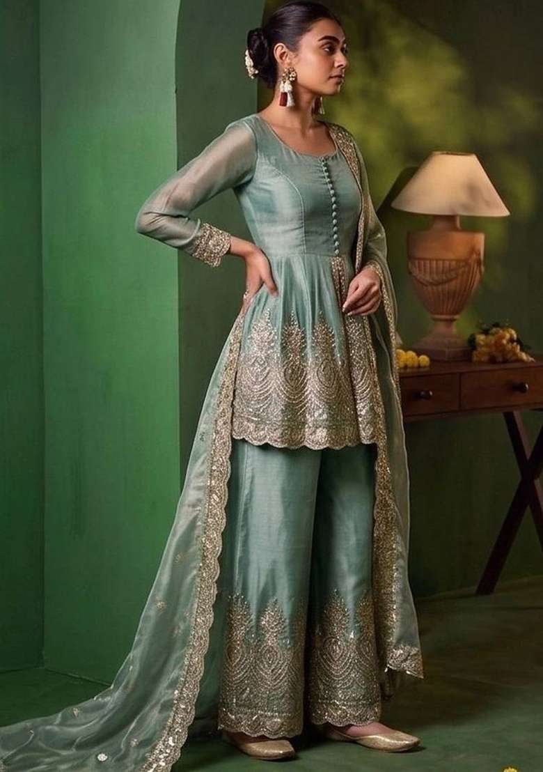 Blue Embroidery Silk Kurta Set - Indya