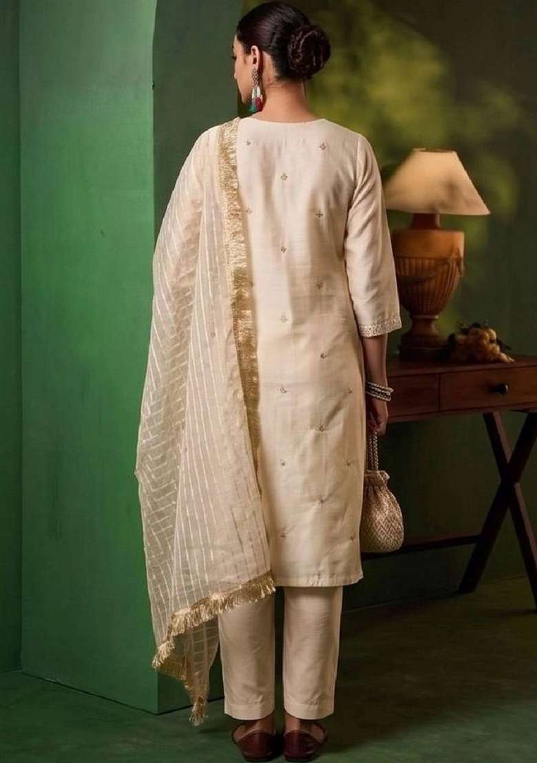 White Embroidery Silk Kurta Set - Indya
