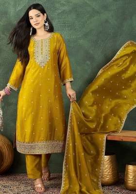 Mustard Embroidery Silk Kurta Set