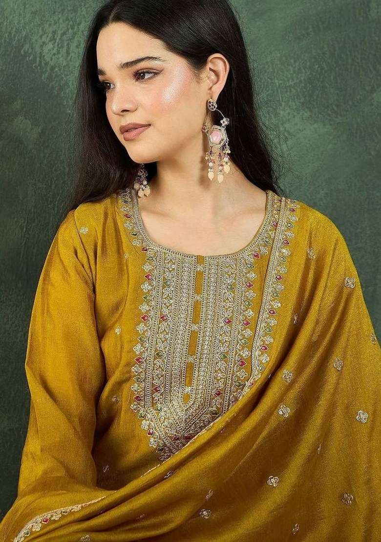 Mustard Embroidery Silk Kurta Set - Indya