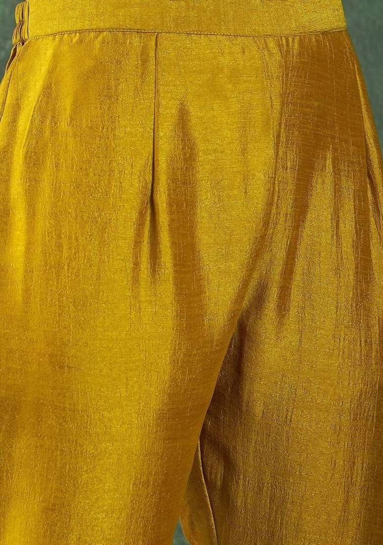 Mustard Embroidery Silk Kurta Set - Indya
