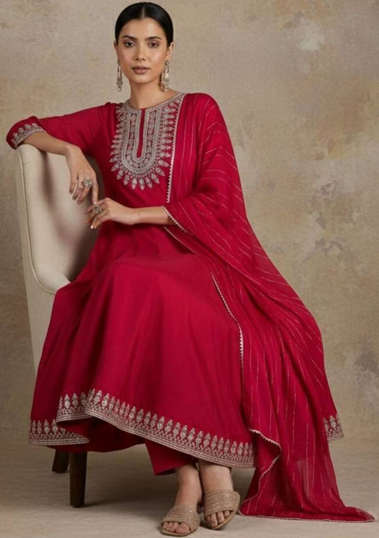 Red Embroidery Silk Kurta Set - Indya