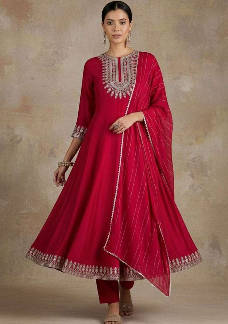 Red Embroidery Silk Kurta Set - Indya