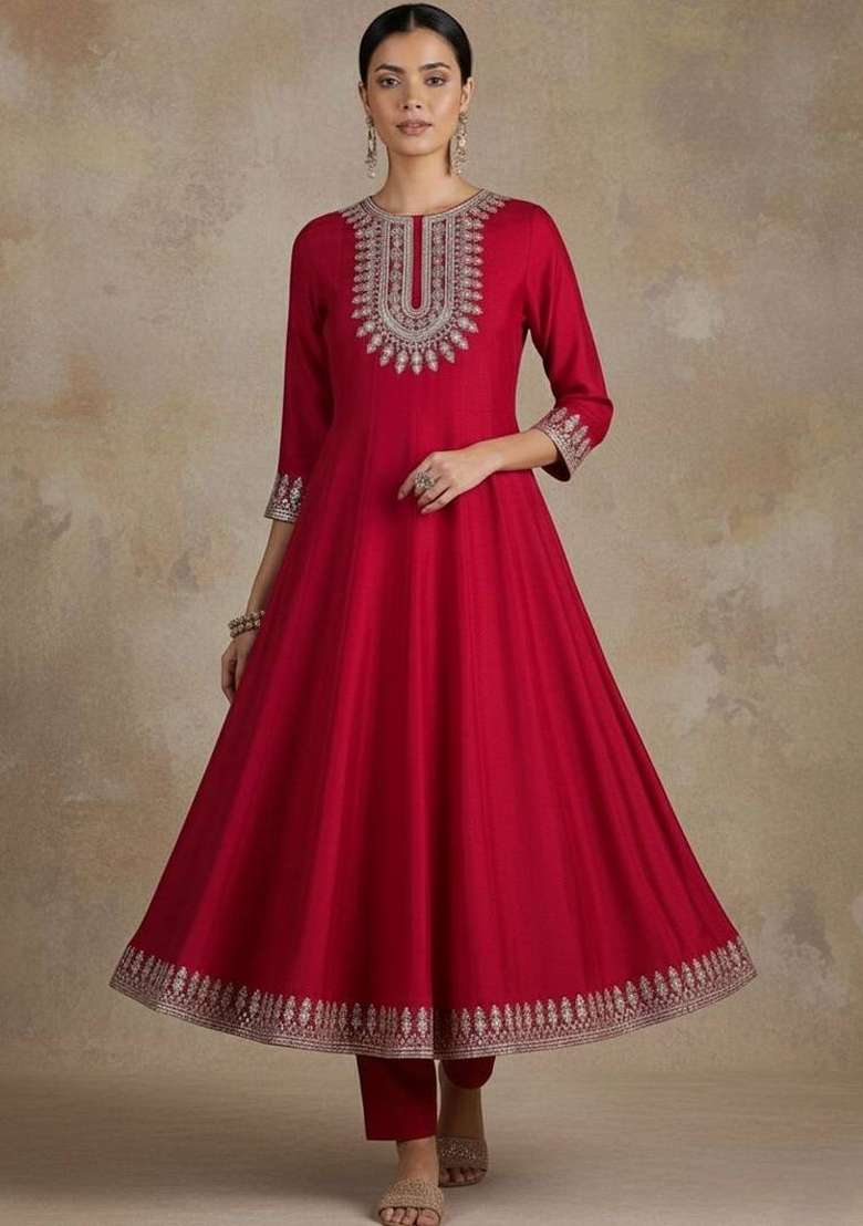 Red Embroidery Silk Kurta Set - Indya