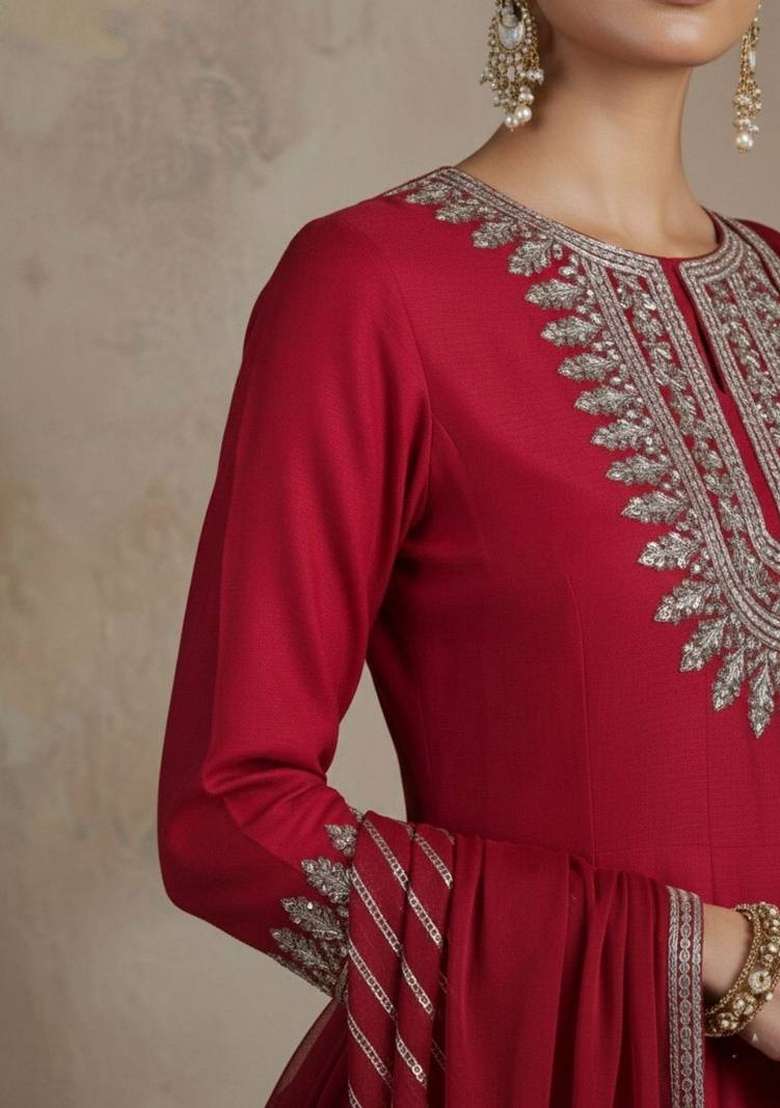 Red Embroidery Silk Kurta Set - Indya