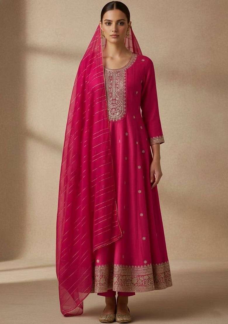 Pink Embroidery Silk Kurta Set - Indya