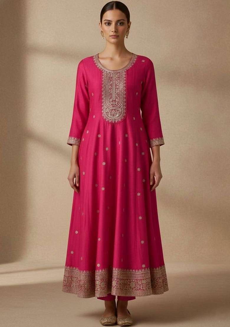 Pink Embroidery Silk Kurta Set - Indya