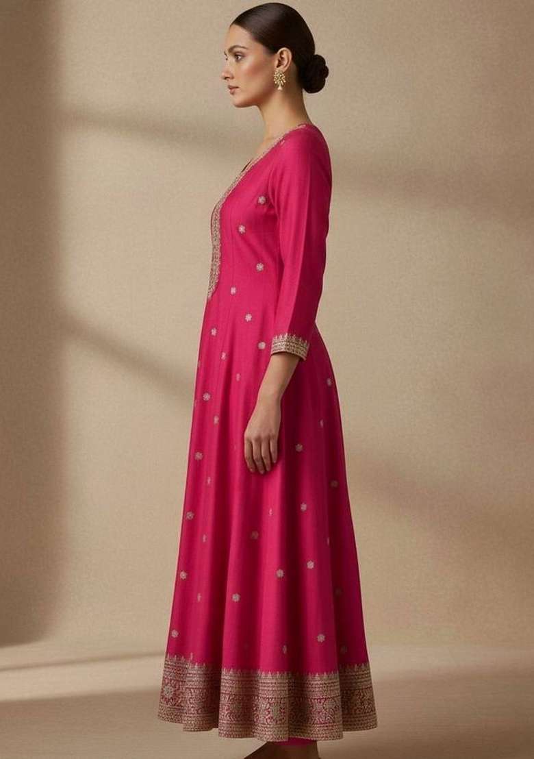 Pink Embroidery Silk Kurta Set - Indya